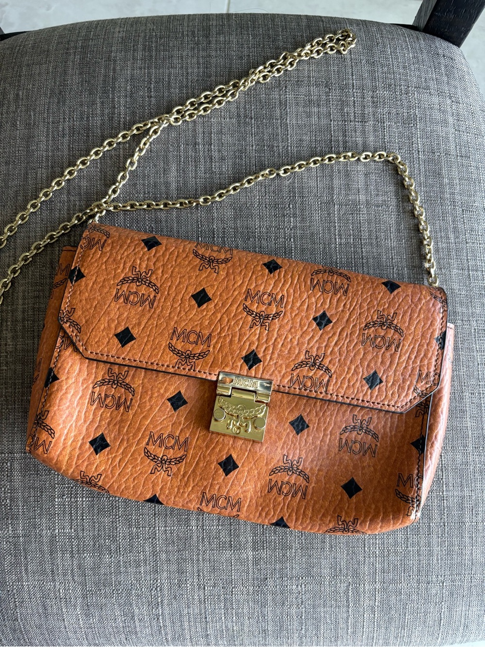 MCM Cognac Monogram Chain Crossbody with Gold Hardware